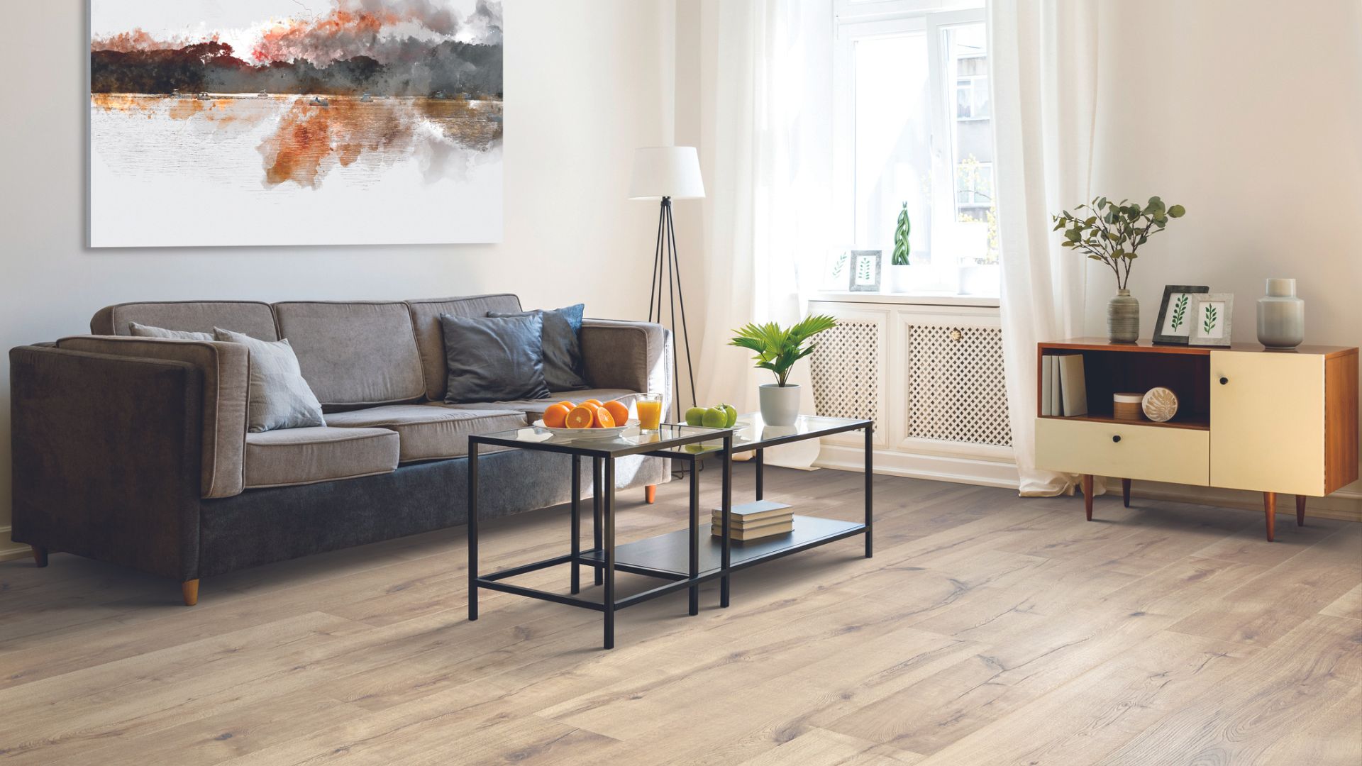 Laminate wood flooring in a living room.